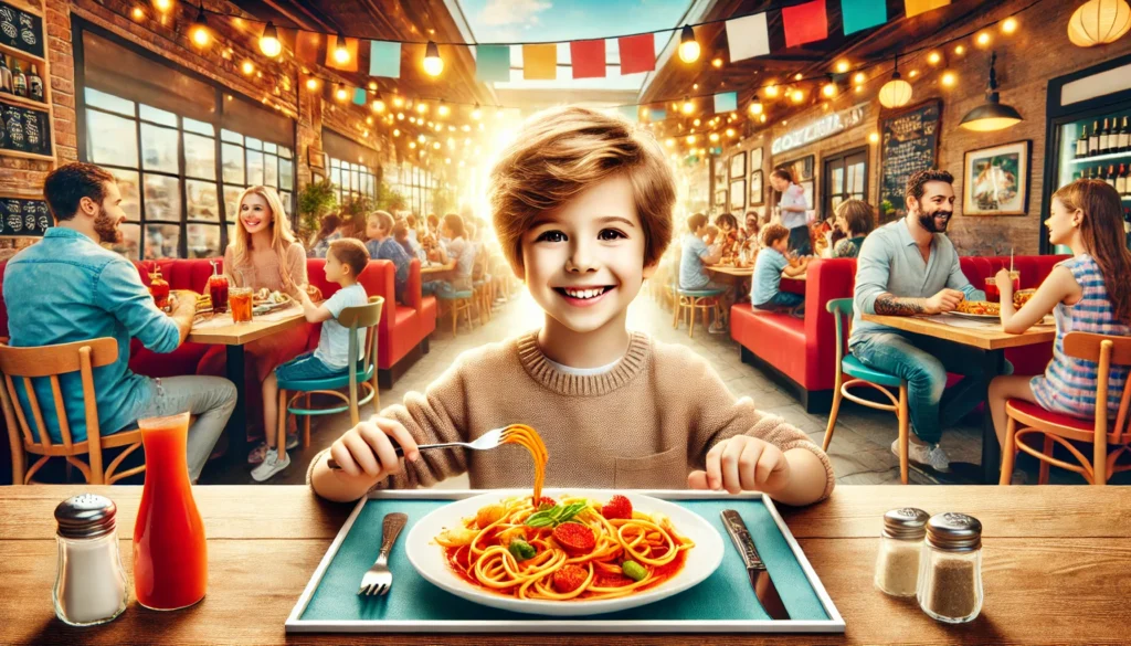criança comendo num restaurante